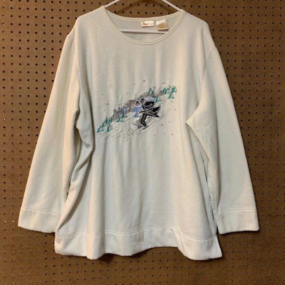 Bobbie Brooks‎ 26-28W Cream Ice Skating Embroidered Sweatshirt Christmas Vtg 90s